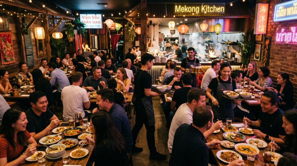 A lively pan-Asian restaurant full of diners in the evening